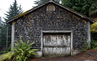 Weathered garage with cedar shake shingles showing foundation settling on steep Oregon City hillside