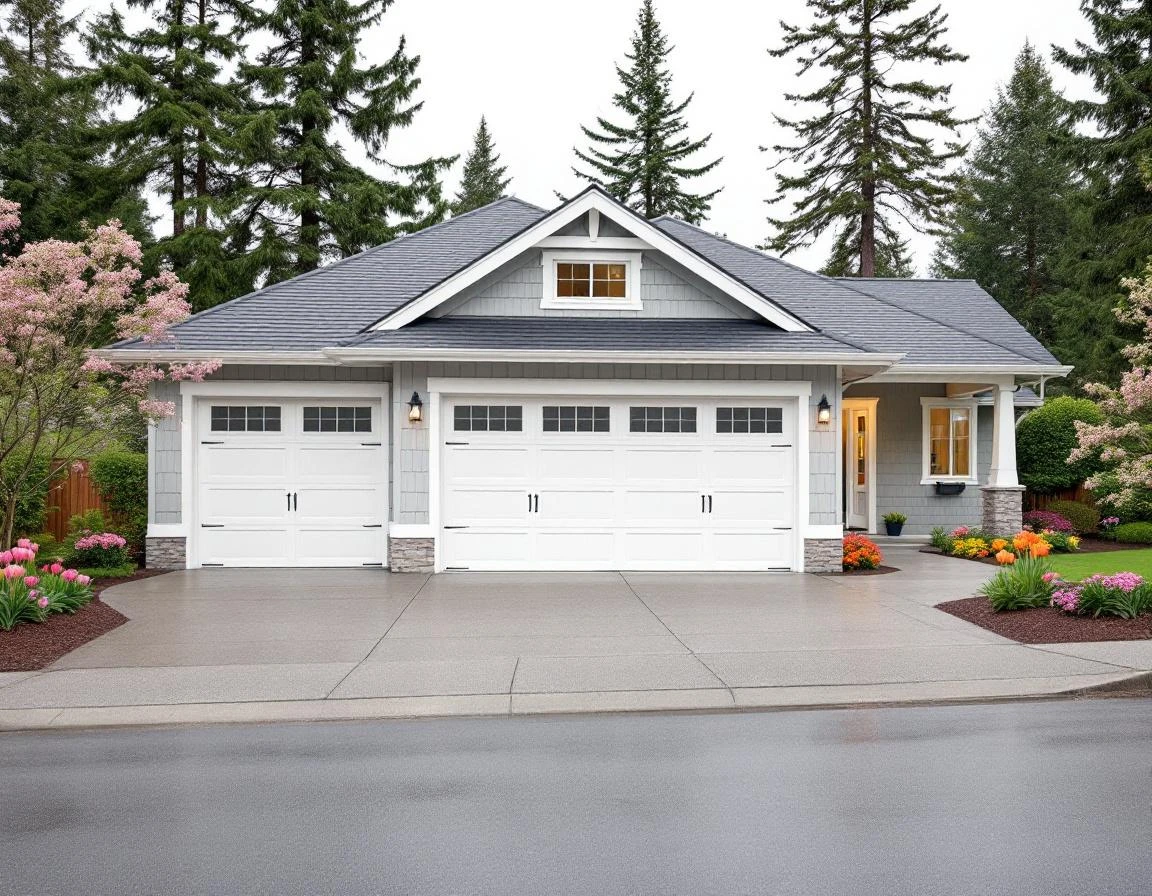 Three-car garage on West Linn home with white panel doors in spring setting