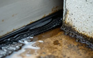 Garage threshold with water seeping through worn weatherstripping gaps onto stained concrete in flood-prone area