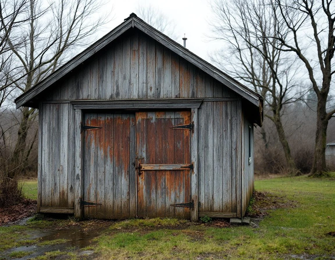 1920s worker garage in Longview showing moisture damage on wood siding and rusted metal components