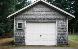 Weathered detached garage with cedar siding showing natural aging patterns and proper door panel geometry