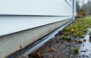 Fresh weatherstripping installed along home foundation wall with water beading during spring conditions