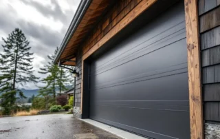 Wind-rated garage door with reinforced track system and anchor bolts in Hood River home
