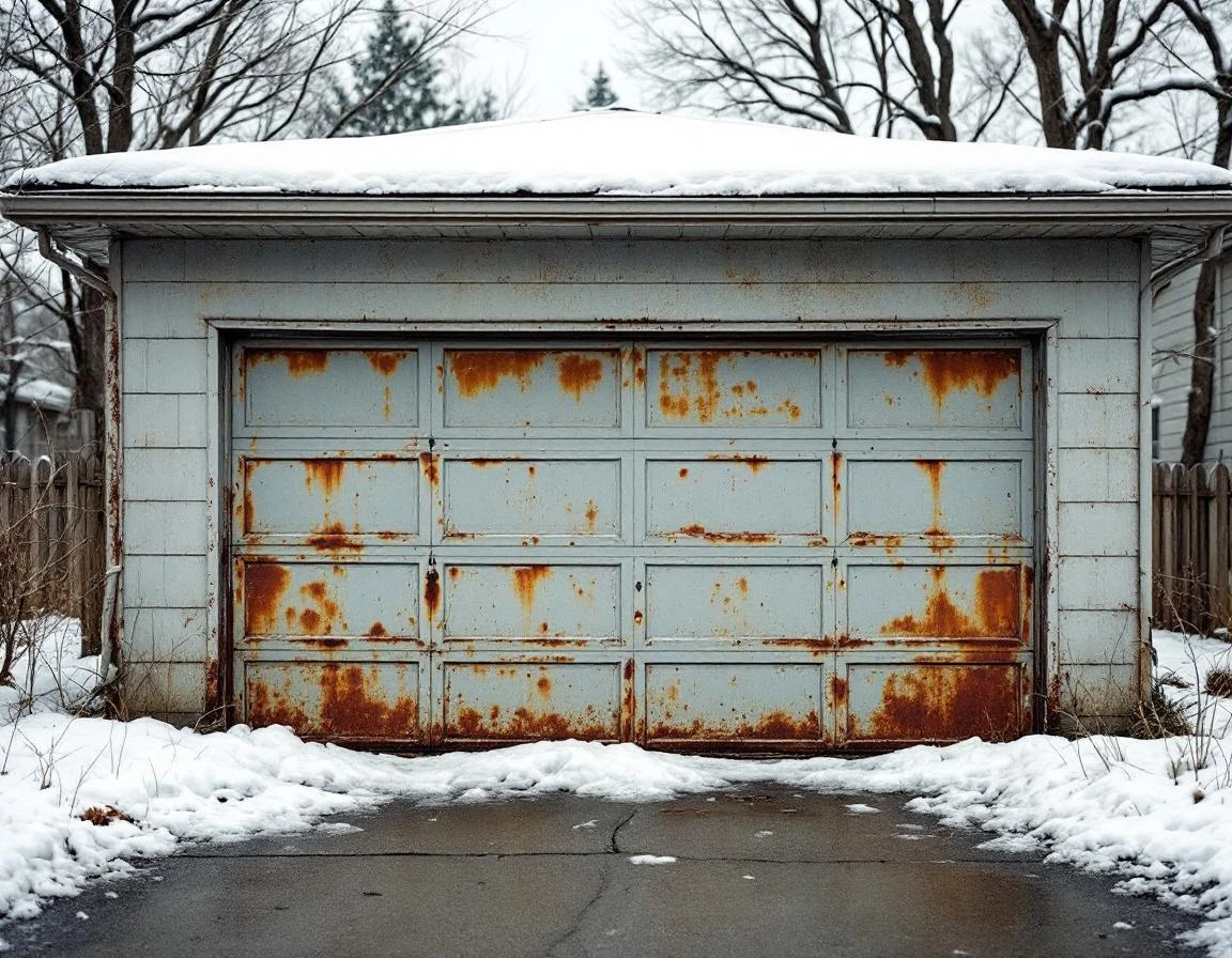 Weathered garage door with rust and winter damage in Woodland neighborhood showing freeze-thaw cycle deterioration