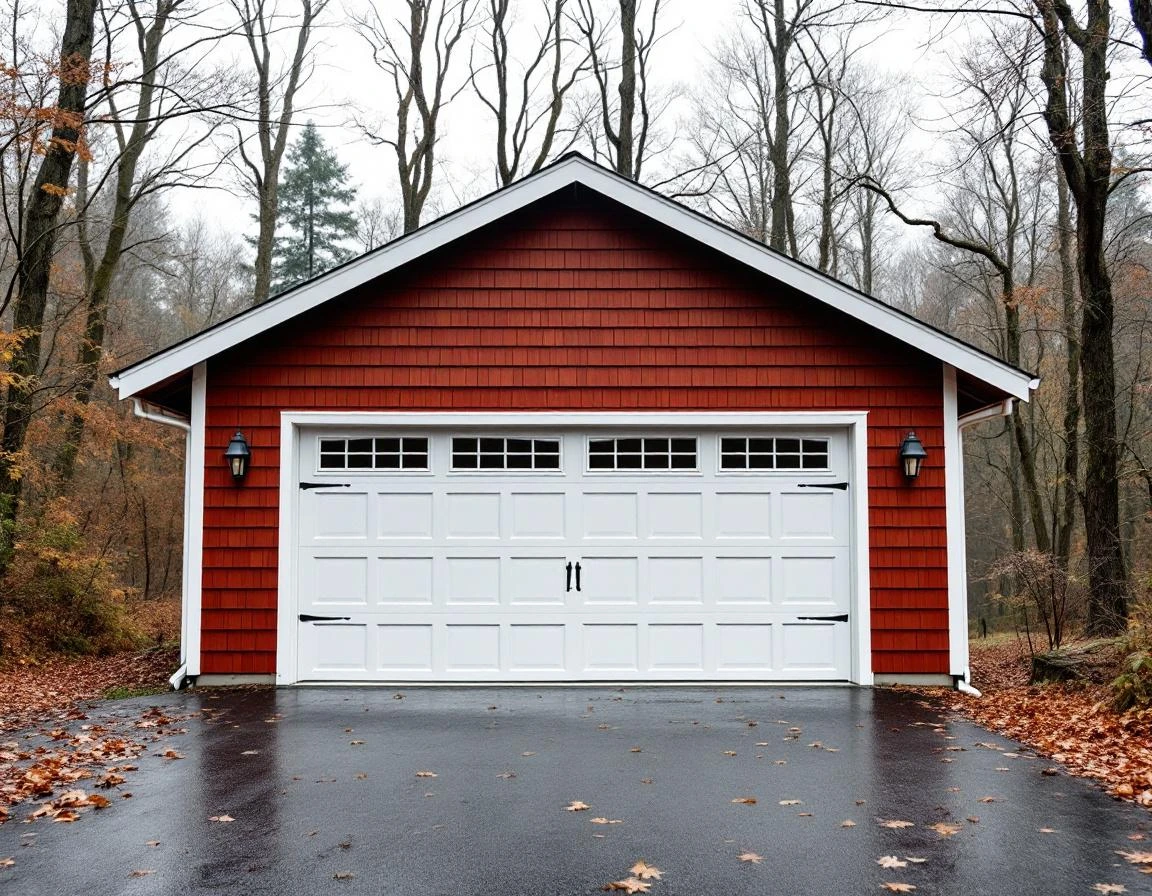 Standard white garage door on wood-sided garage in Columbia Gorge with bare trees and wet driveway