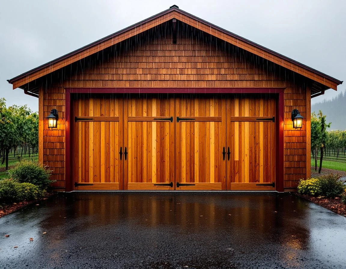 Cedar garage door with fresh sealant beading rainwater on Oregon wine country estate during autumn rainfall