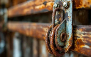 Rusted garage door spring and steel bracket showing orange-brown corrosion from Pacific Northwest moisture exposure