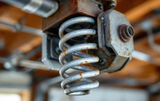 Garage door torsion spring and cable system showing seasonal wear on residential door hardware