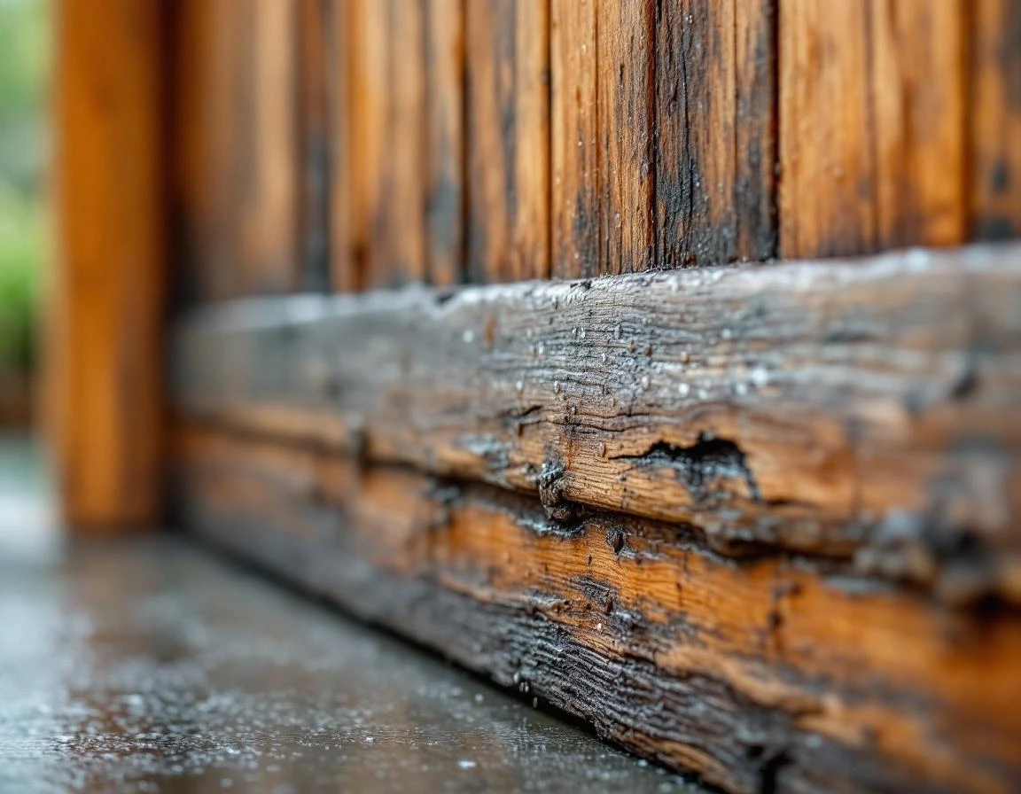 Water-damaged wooden garage door panel showing rot and warping from wine country humidity