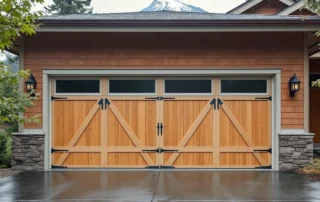 Garage door with horizontal wind bracing struts installed on Columbia Gorge home