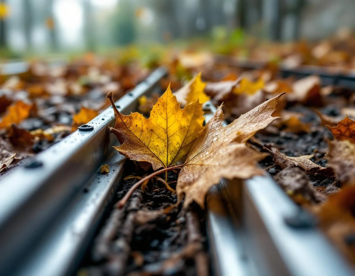 Autumn leaves and twigs clogging aluminum garage door track with visible debris buildup