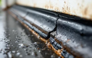 Cracked and worn garage door weatherstripping with water damage from spring rain exposure