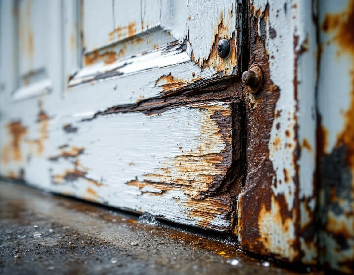 Garage door with peeling paint, rust stains, and water damage from prolonged moisture exposure