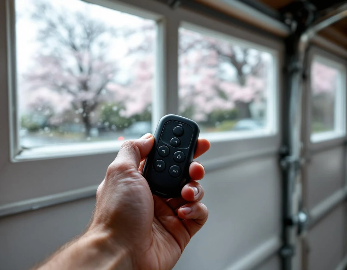Hand holding a basic button-only garage door remote in a residential garage with spring rain visible through door panels