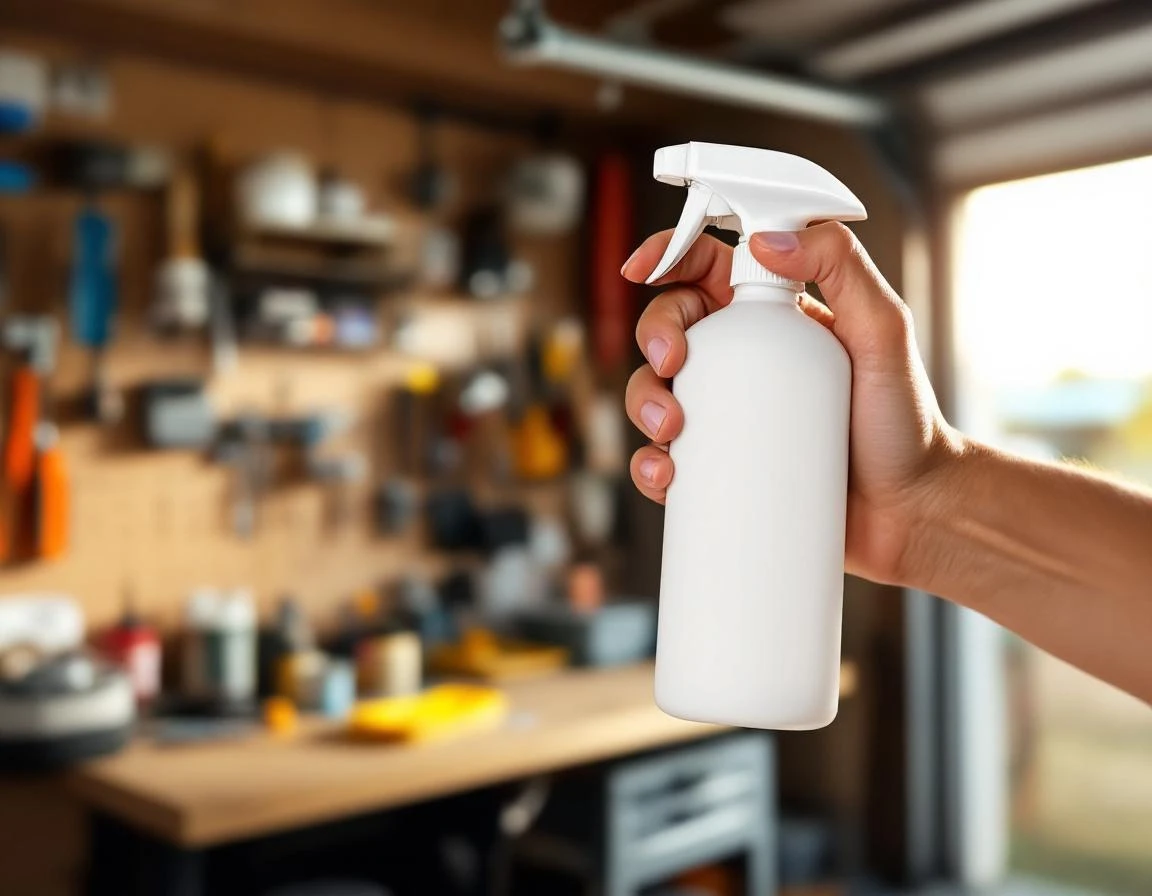Hand holding spray bottle for lubricating garage door hardware during spring maintenance inspection