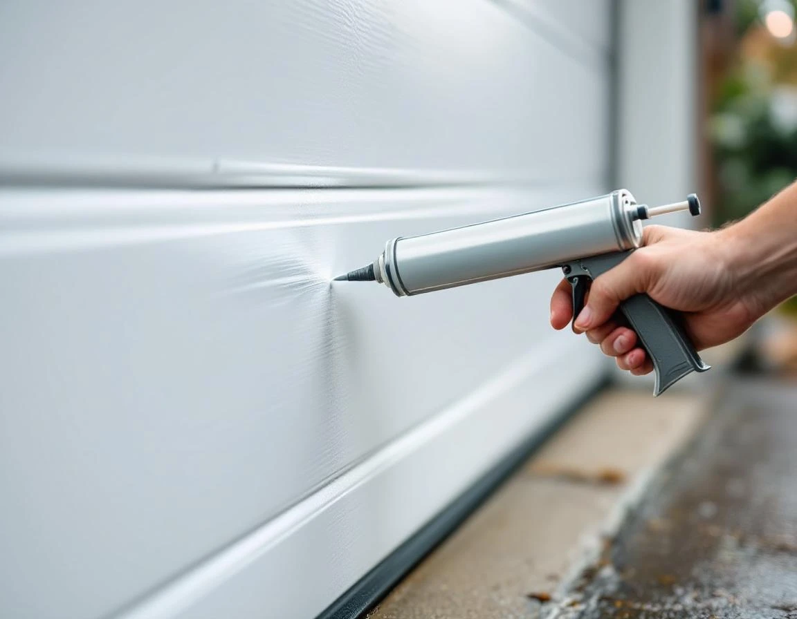 Applying weatherstripping sealant to garage door bottom seal with unmarked caulk gun