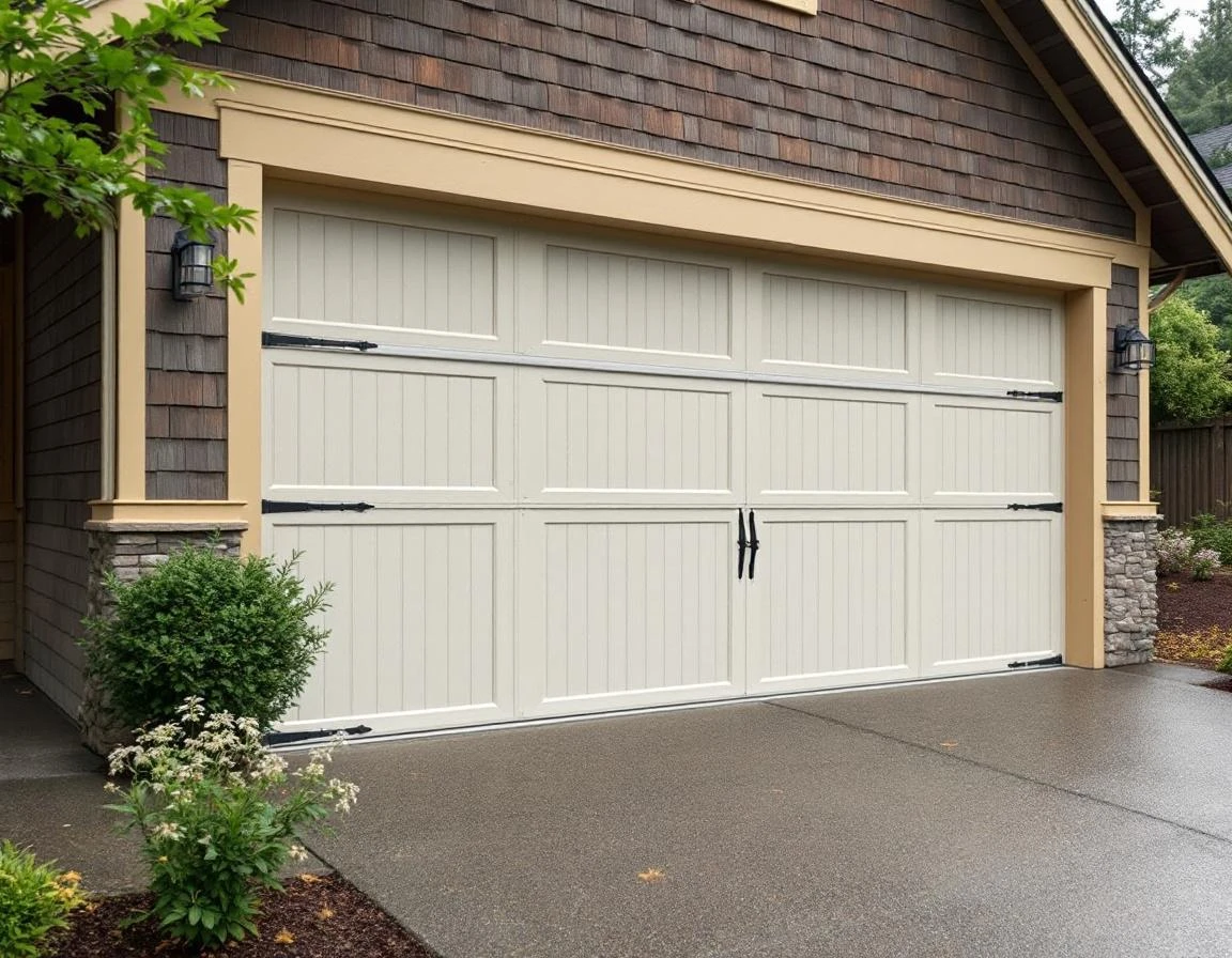 Garage door with horizontal reinforcement struts installed across interior panels to withstand Columbia Gorge winds