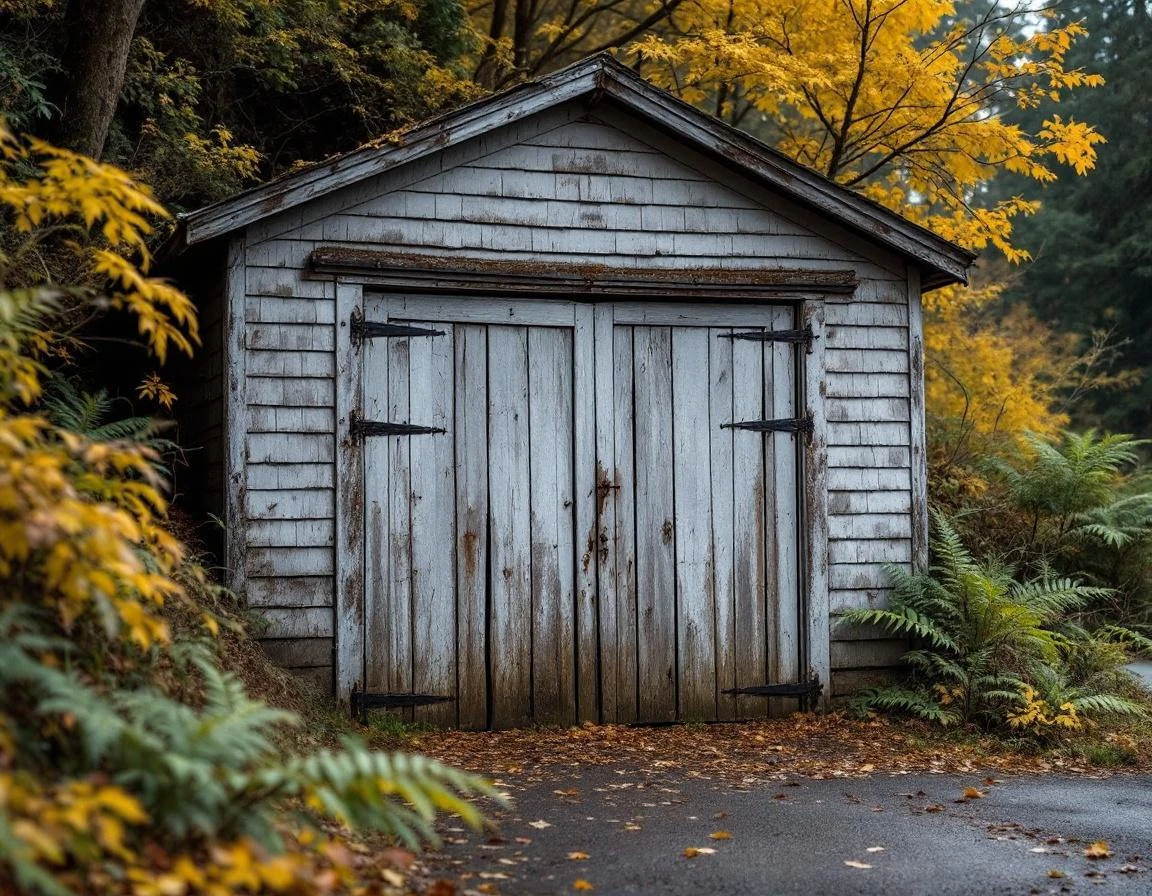 Hillside garage in Oregon City showing track misalignment and foundation settling from steep terrain