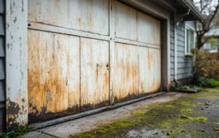 Garage door showing winter wear with salt residue and worn weather stripping requiring spring maintenance