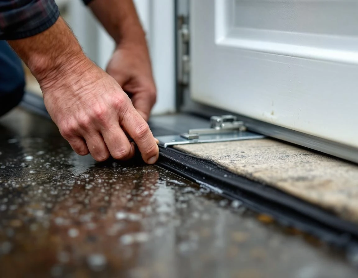 Rubber threshold seal with aluminum channel installed at garage door base on wet concrete foundation