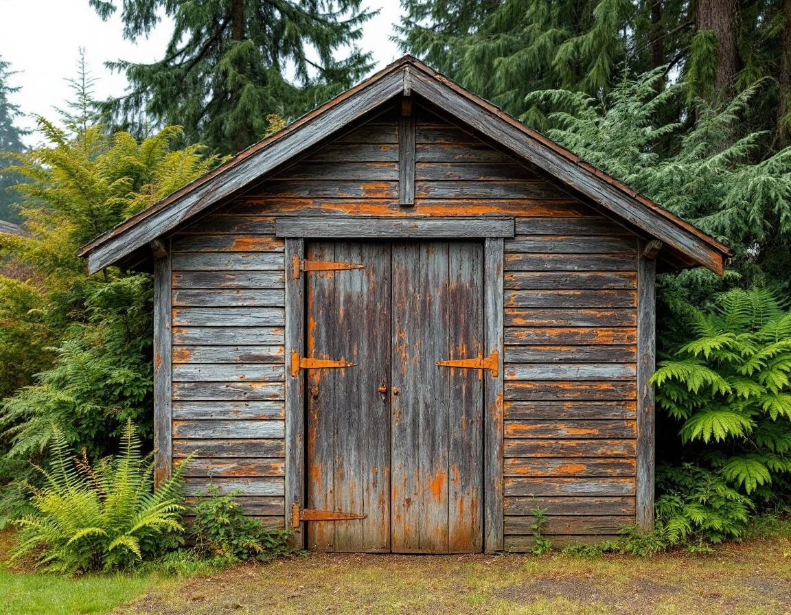 Weathered 1920s worker's garage showing wood rot and rust damage from Pacific Northwest moisture exposure