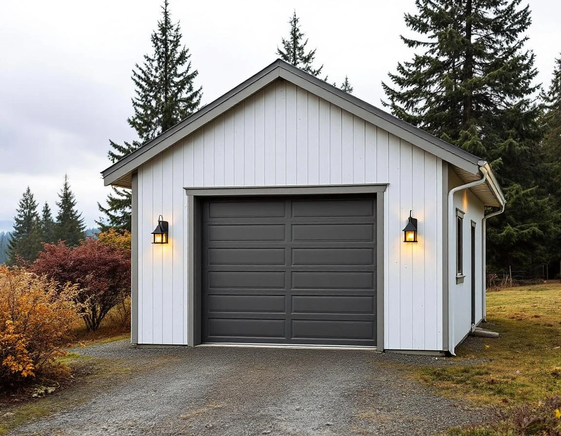 Detached workshop garage with fresh weatherstripping and sealed door frames in rural La Center setting