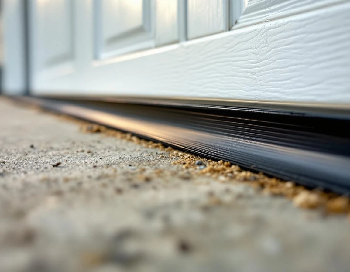 Weatherstripping seal installed along garage door bottom edge showing protective rubber barrier against concrete