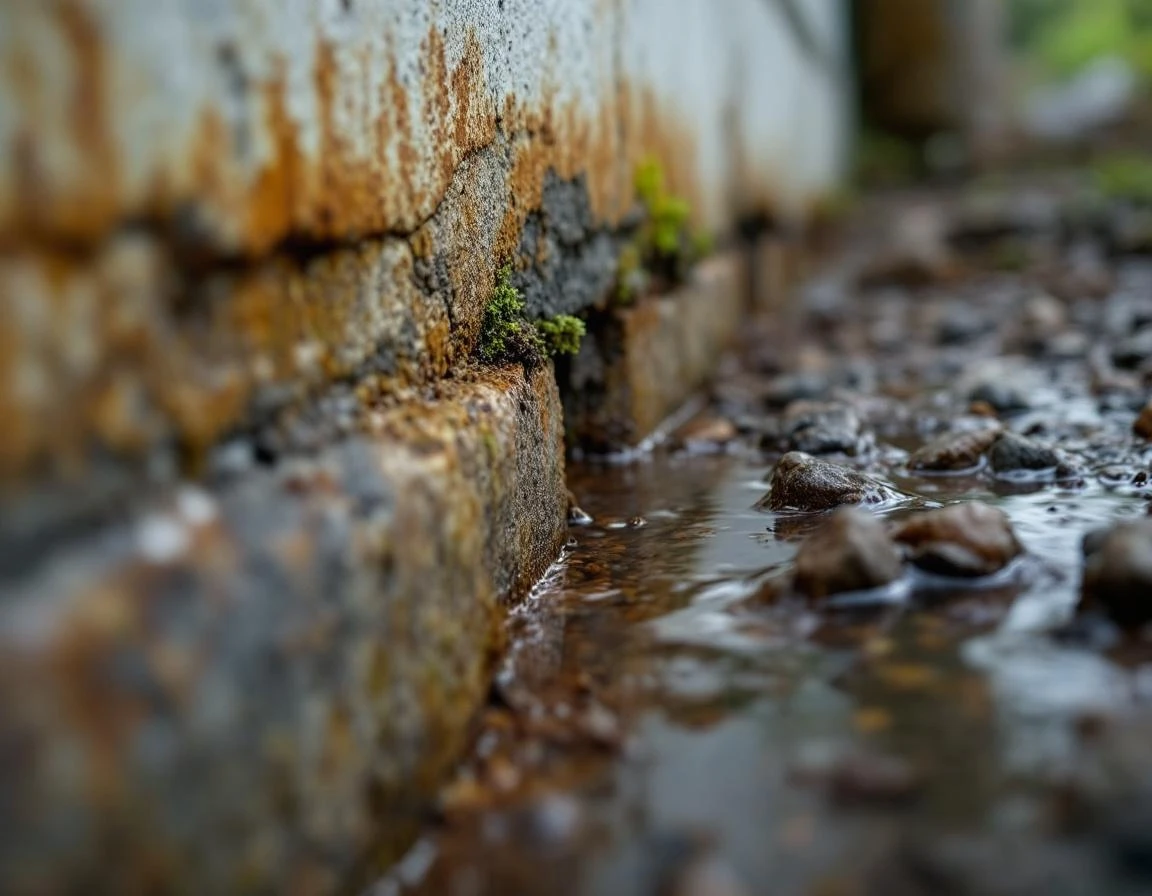 Water-damaged concrete foundation showing rust stains, moss growth, and mineral deposits from seasonal flooding