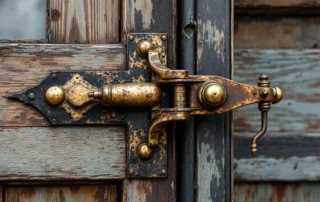 Weathered brass hardware and wooden panels on historic McMinnville garage with modern weatherstripping
