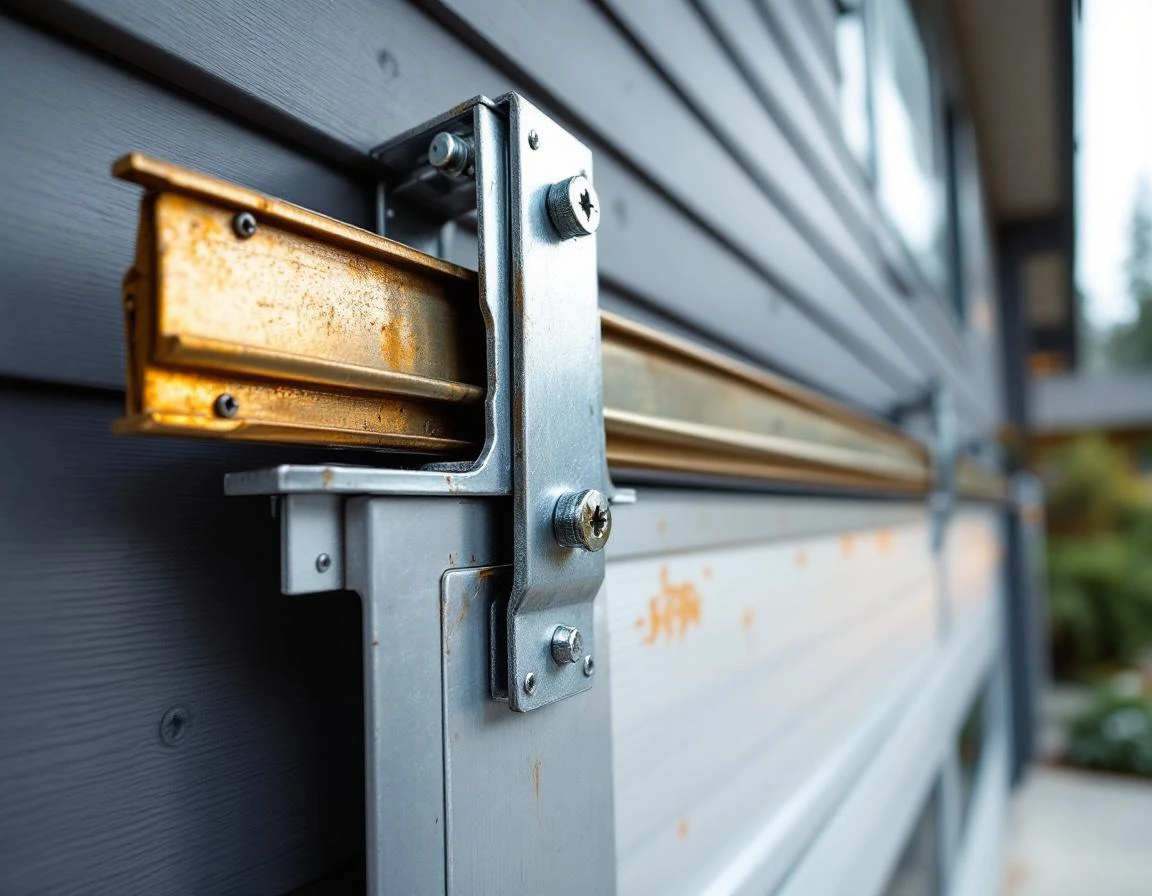Heavy-duty steel reinforced garage door track brackets and mounting hardware secured to home exterior framing
