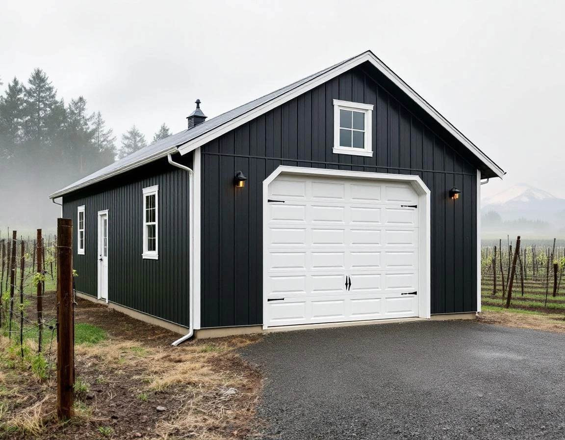 Insulated garage door on wine estate equipment barn in McMinnville vineyard with spring maintenance access