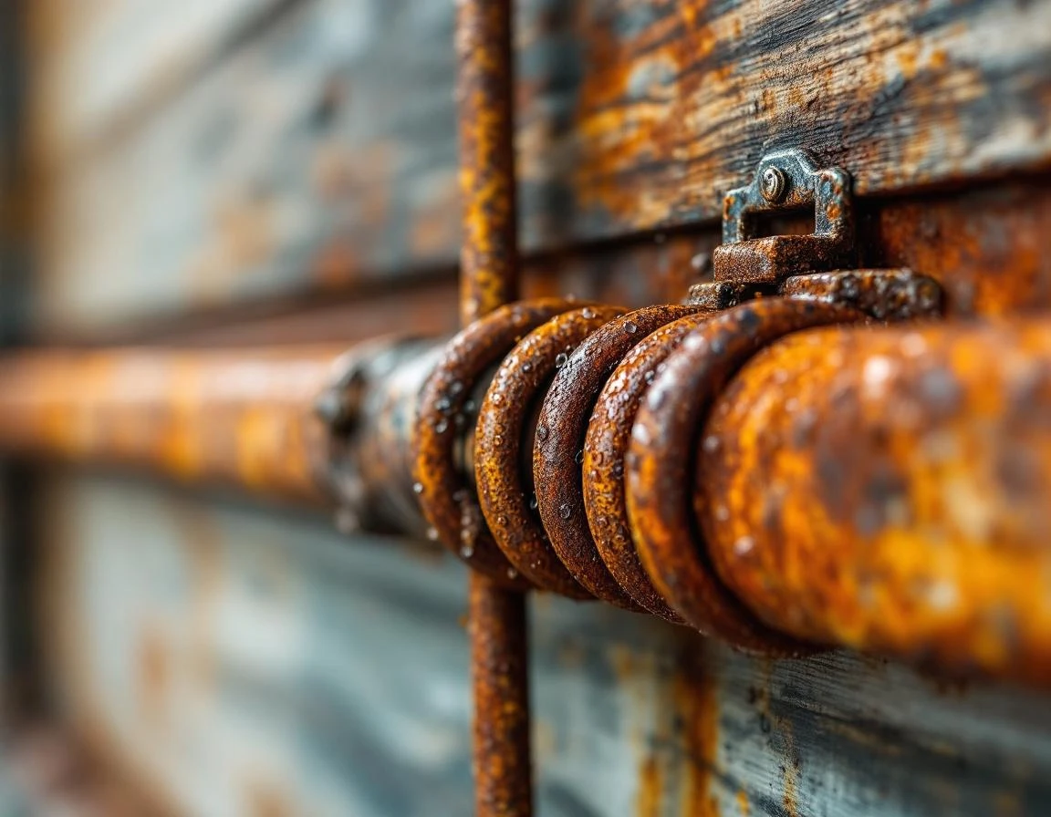 Rusted garage door springs and hardware showing moisture damage from Kelso's high rainfall conditions