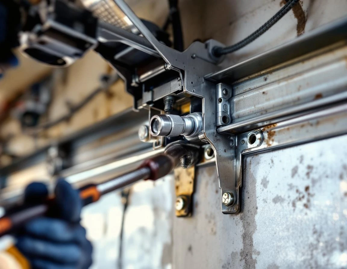 Close-up of hands tightening garage door track brackets during pre-storm maintenance inspection