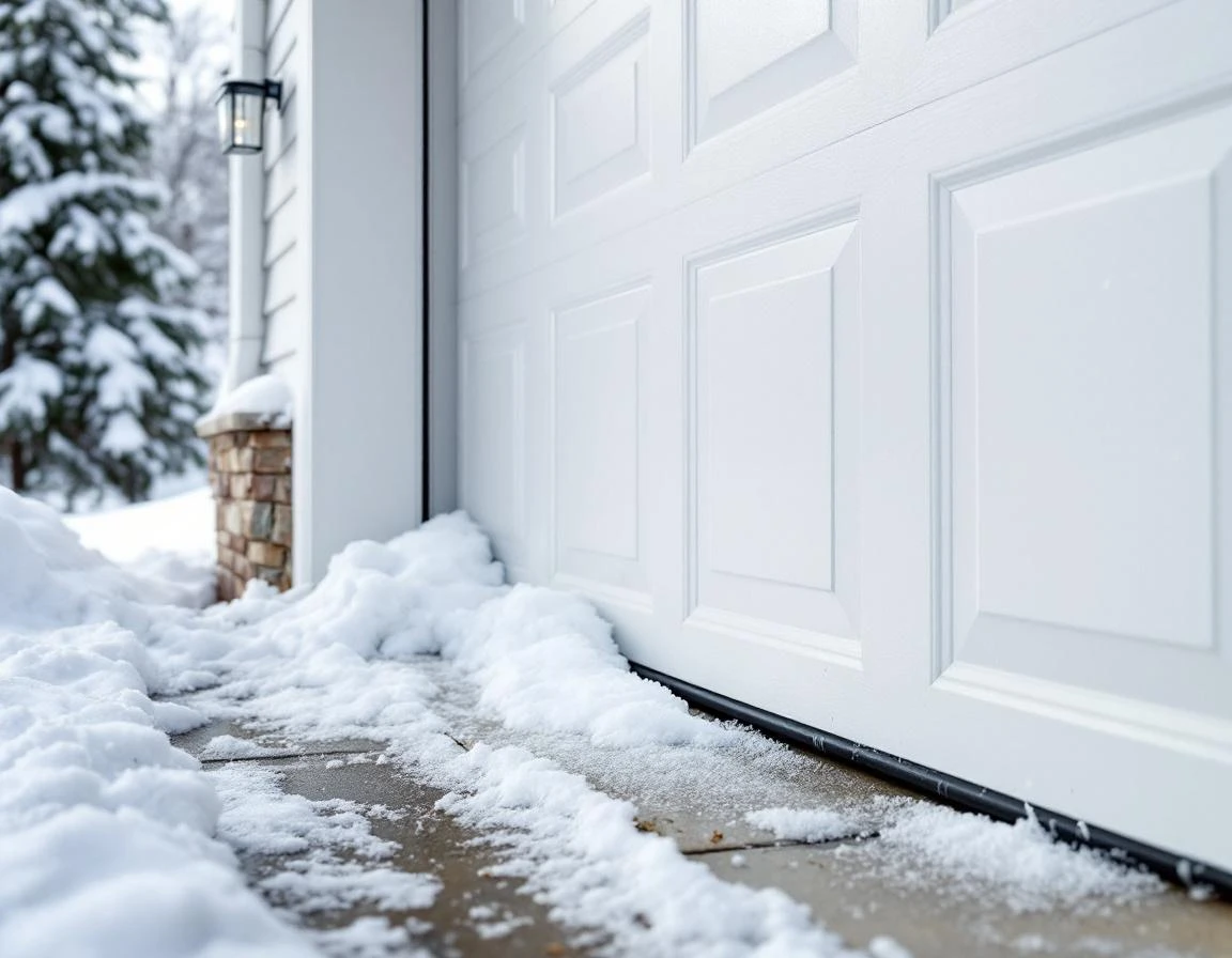 Garage door weatherstripping and vinyl seals protecting against snow accumulation during winter weather