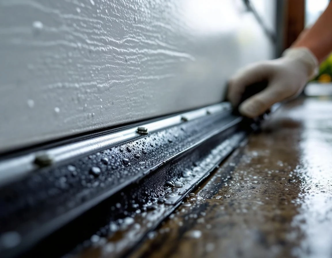 Close-up of garage door weather seal with water droplets showing condition during flood preparation inspection