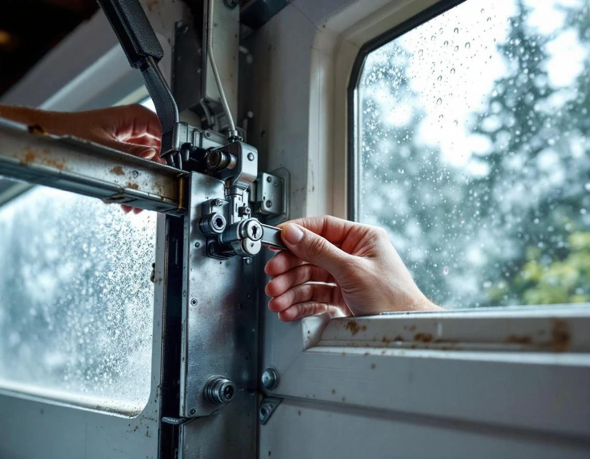 Hand engaging manual lock bar on garage door interior during wind advisory conditions