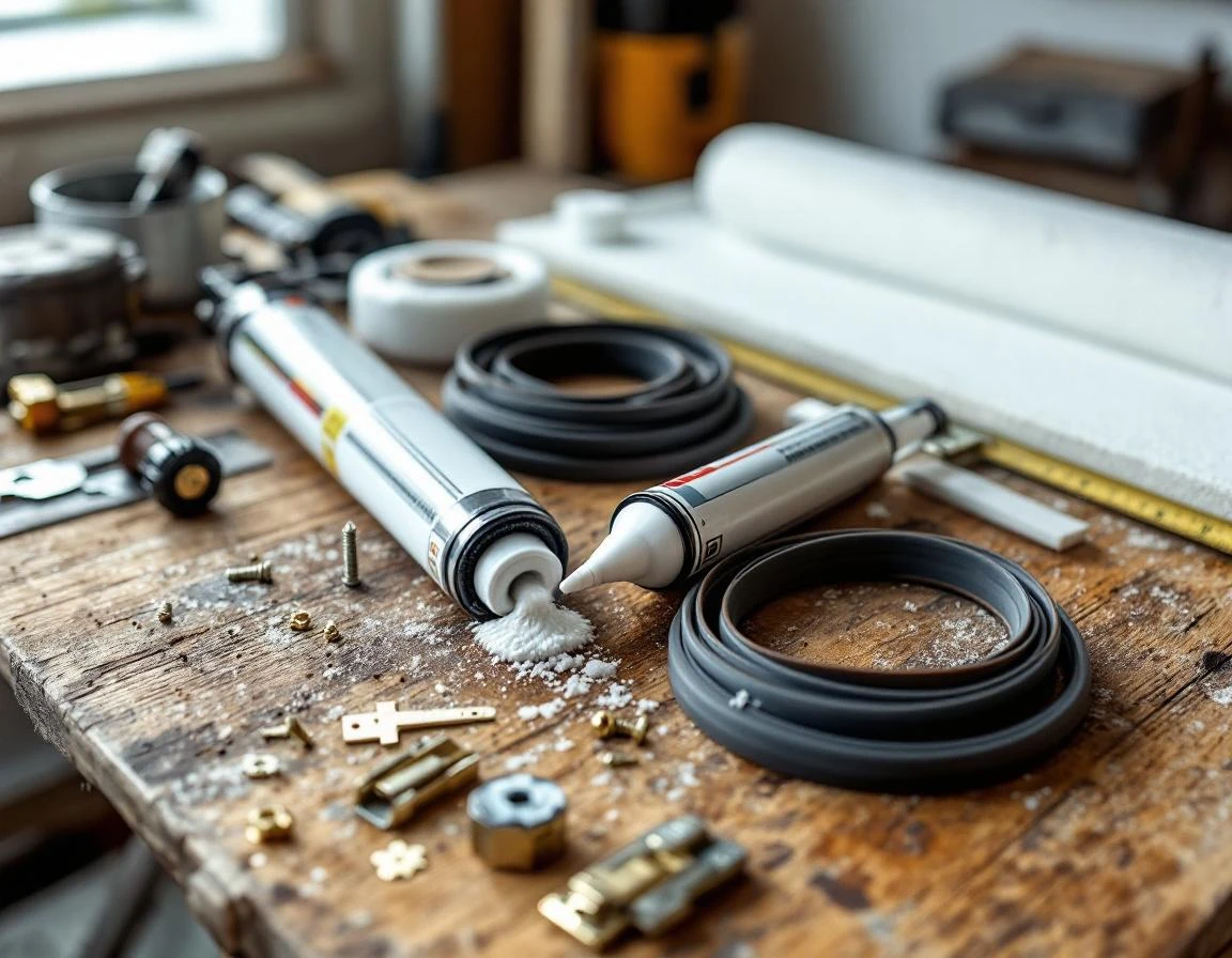 Weatherproofing tools including caulking gun, weatherstripping, and hardware on workshop bench