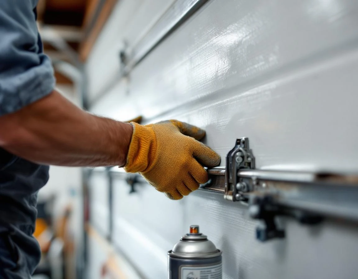 Gloved hands testing garage door balance while rust prevention spray sits ready on workbench