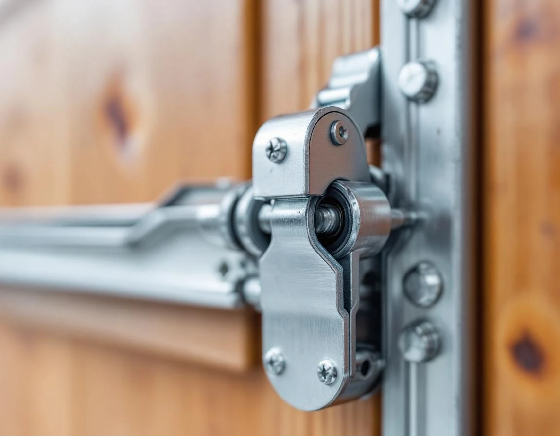 Macro detail of garage door roller assembly showing steel track and bearing mechanism