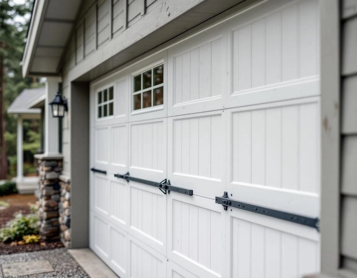Garage door with horizontal wind bracing struts installed on Columbia Gorge home with windswept evergreens
