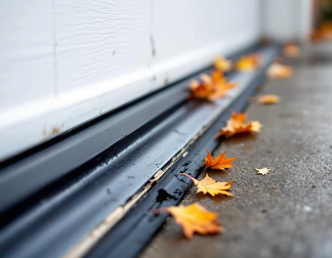 Worn garage door weatherstripping with debris lodged in track, showing seasonal damage and gaps