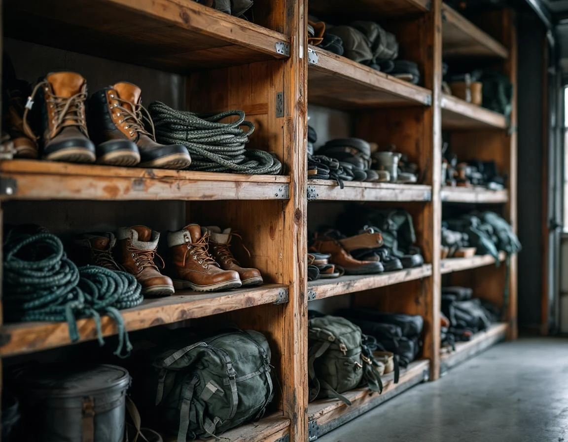 Weathered wooden shelving storing winter sports equipment and outdoor gear in naturally lit garage space