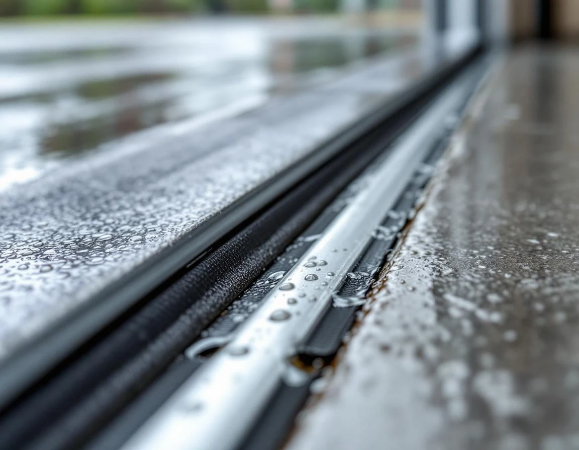 Garage door threshold with weatherstripping and drainage channel installed on sloped concrete in Longview