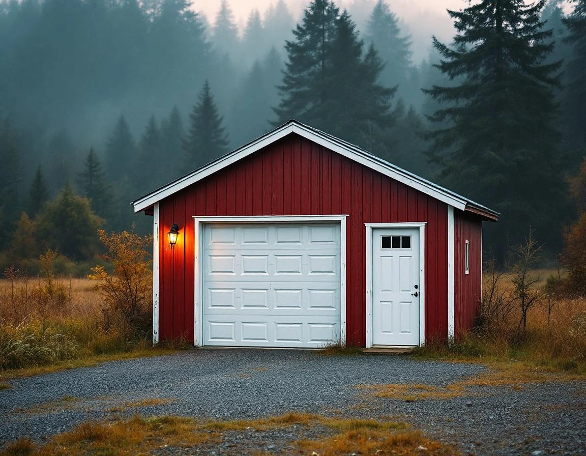 Detached workshop garage with red siding and weathered trim in rural La Center surrounded by evergreen forest