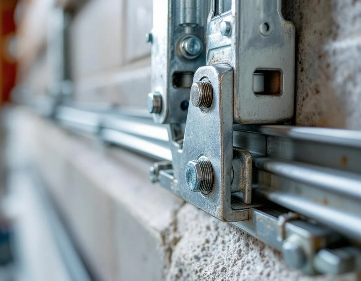 Heavy-duty anchor bolts and reinforced brackets securing garage door track to concrete foundation