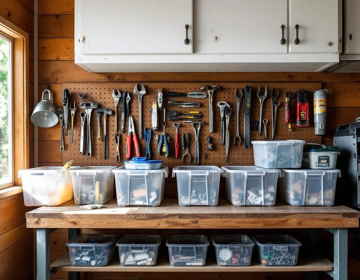 Organized garage workbench with plastic storage bins, pegboard tools, and overhead cabinetry in wood-paneled space