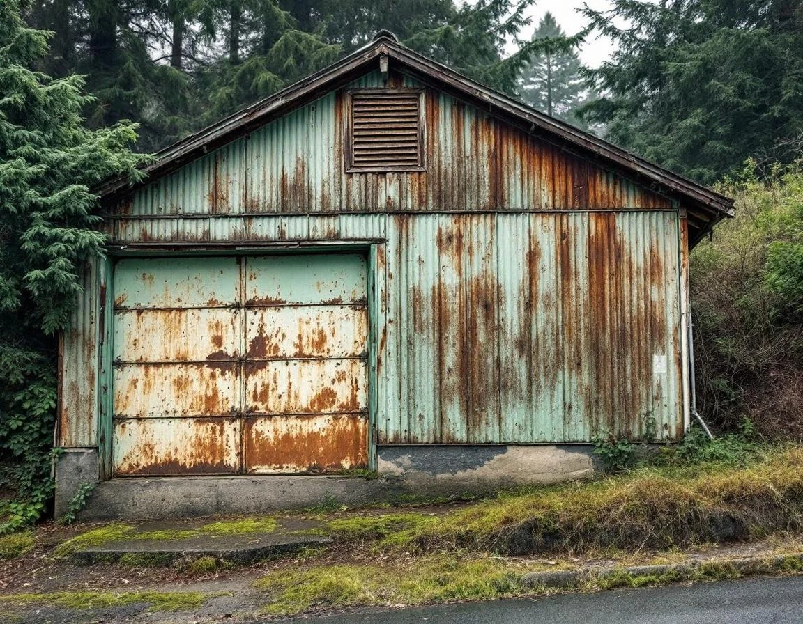 Weathered hillside garage in Oregon City showing rust damage and foundation stress from steep terrain
