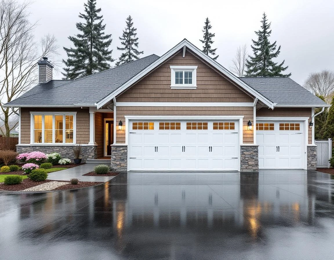 West Linn craftsman home with attached three-car garage featuring white panel doors in Bolton neighborhood