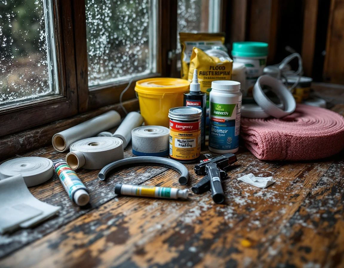 Weatherstripping materials and flood preparation supplies on water-damaged floor near window with natural light