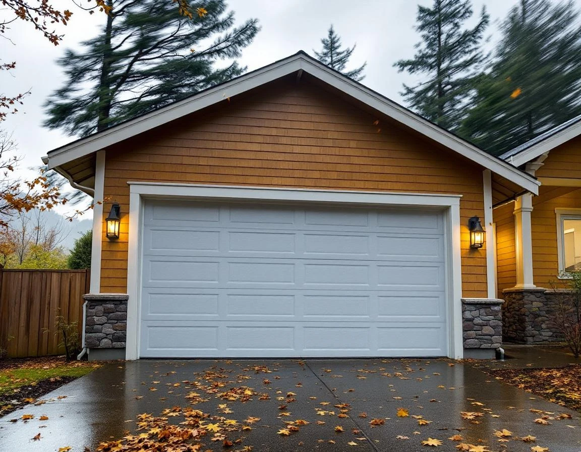 Wind-rated garage door on Stevenson home during Columbia Gorge windstorm with trees bending in high winds